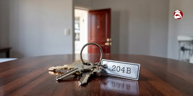 Set of apartment keys labeled 204B on a wooden table
