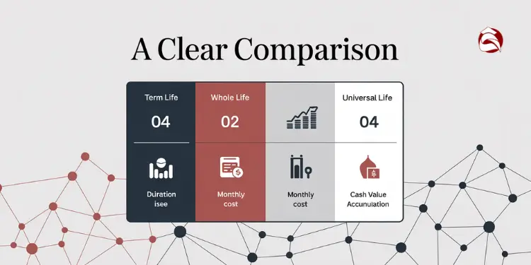 Comparison grid of term, whole, and universal life insurance features