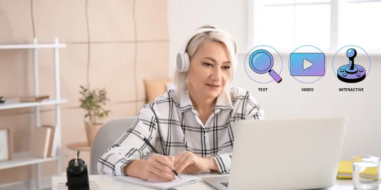 Three labeled icons representing text, video, and interactive learning formats