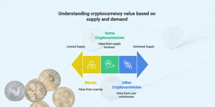 Diagram with arrows showing Bitcoin’s limited supply versus unlimited supply models.