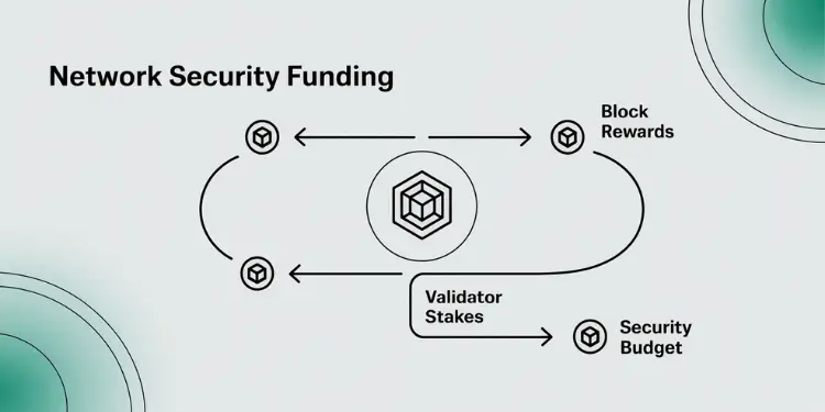 Diagram showing native token cycle: block rewards → validator stakes → security budget.