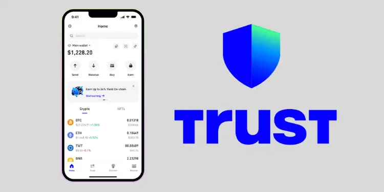 Smartphone screen with Trust Wallet app home view listing multiple token balances next to the Trust logo.