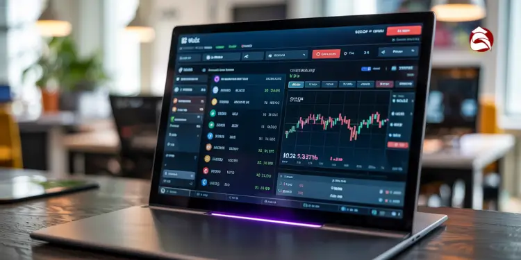 Laptop screen with crypto trading and wallet interface displayed
