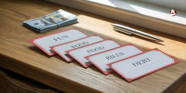 Envelopes labeled FUN, FOOD, BILLS, DEBT with cash on table