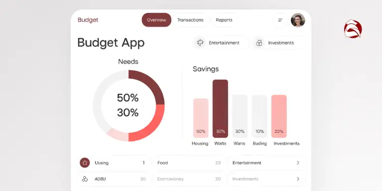 Budget app interface showing expense and savings distribution