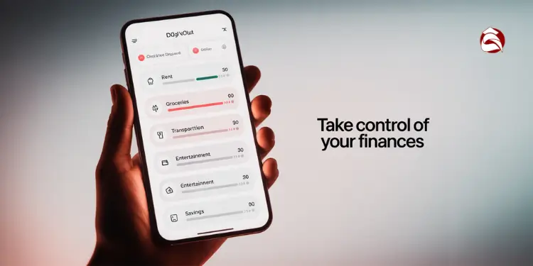 Smartphone app showing budget progress bars for rent, groceries, savings, and more