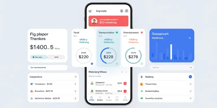 Mobile budgeting app interface showing daily category balances and a low-balance alert banner