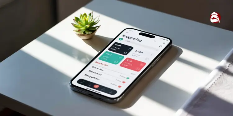 Budgeting app on smartphone showing rent, groceries, and spending categories