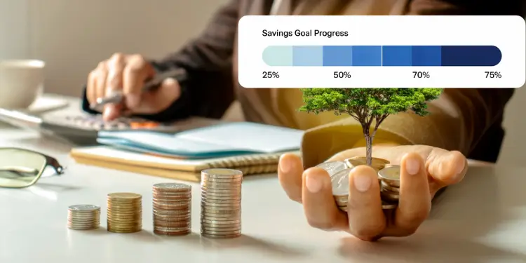 Savings goal progress bar from 25 % to 75 % displayed above hands holding stacked coins and a tree.