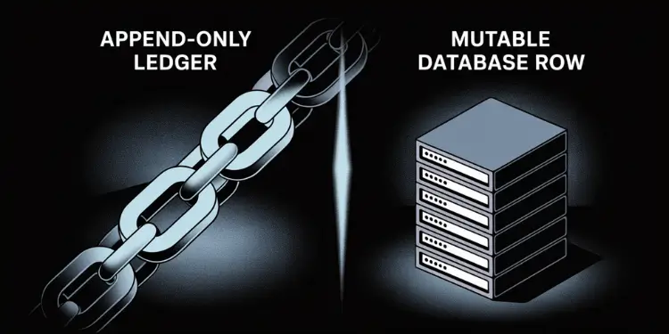 Illustration comparing an append-only ledger chain on the left to a mutable database row stack on the right.