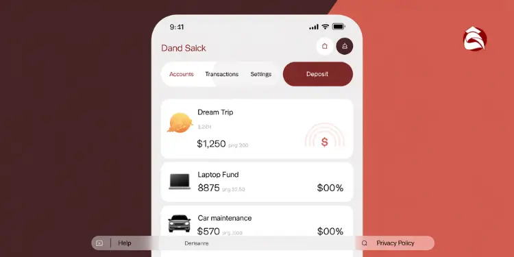 Mobile app screen showing different savings funds like Dream Trip and Laptop Fund