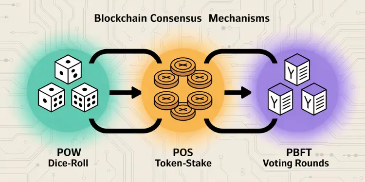 Diagram comparing blockchain consensus: dice-roll PoW, token-stake PoS, and PBFT voting rounds.