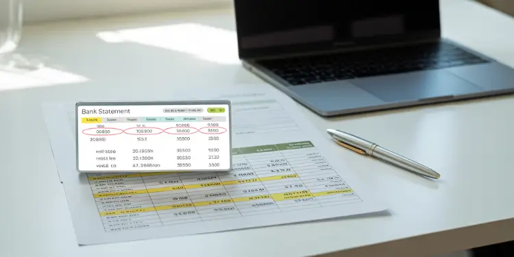 A budgeting worksheet and printed bank statement are highlighted and circled beside a laptop