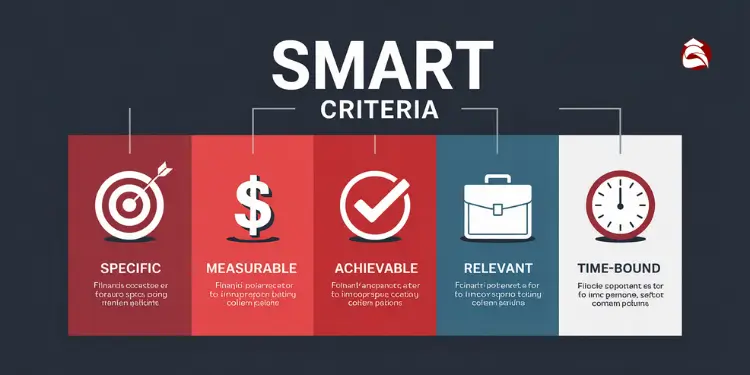 SMART criteria graphic with icons for specific, measurable, achievable, relevant, time-bound