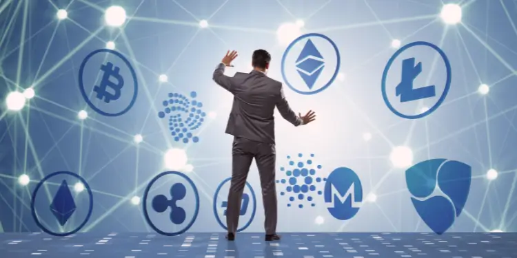 Man in suit facing a network of floating crypto symbols representing cross-industry blockchain uses.
