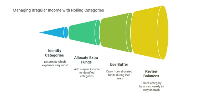 Funnel graphic of steps: identify categories, allocate funds, use buffer, review balances