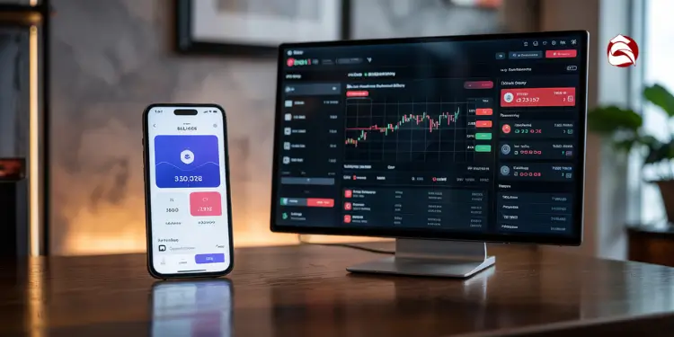 Phone and monitor displaying crypto wallet interface and charts