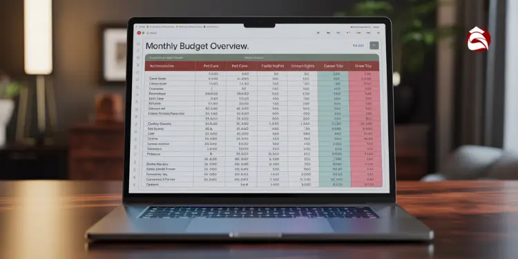 Laptop with monthly budget overview spreadsheet in red and gray columns
