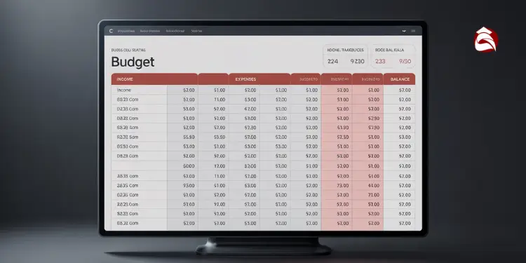 Budget spreadsheet on desktop screen with detailed income and expense rows
