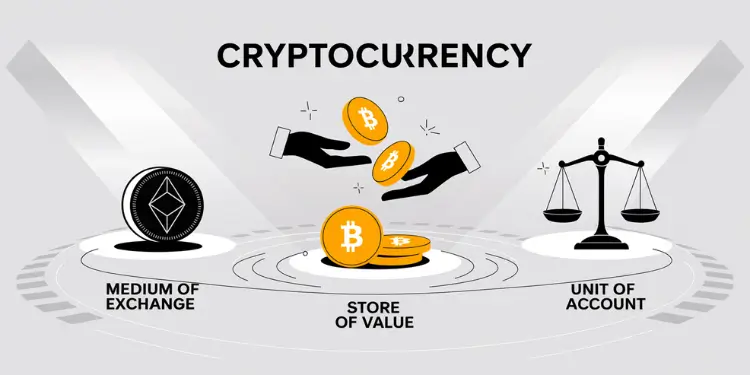 Illustration of three crypto functions: exchanging coins, vault storing value, and balanced scale.