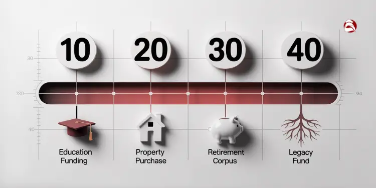 Timeline chart showing financial milestones from age 10 to 40