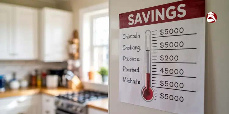Savings goal thermometer chart taped on kitchen wall