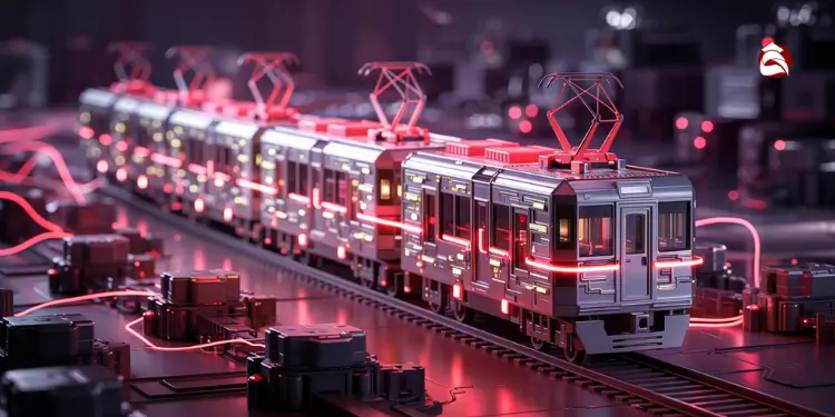 Stylized digital train representing transaction flow in a blockchain system