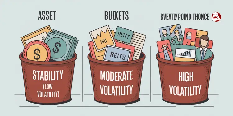 Buckets labeled stability, moderate volatility, and high volatility with asset illustrations