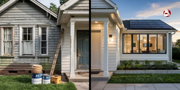 Side-by-side photo of house before and after renovation with solar panels