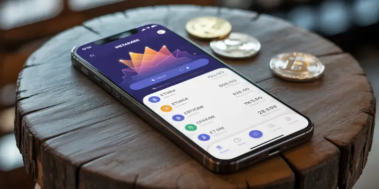 Smartphone on wooden surface showing crypto wallet UI with market chart and coins behind.