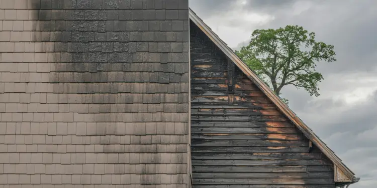Roof divided into two panels: hail-damaged shingles and charred wildfire-damaged siding under dark sky.