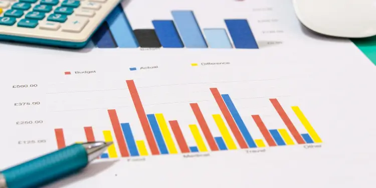 Printed bar chart showing budget versus actual amounts and differences beside calculator