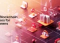 Graphic showing best blockchain courses for beginners with digital learning icons