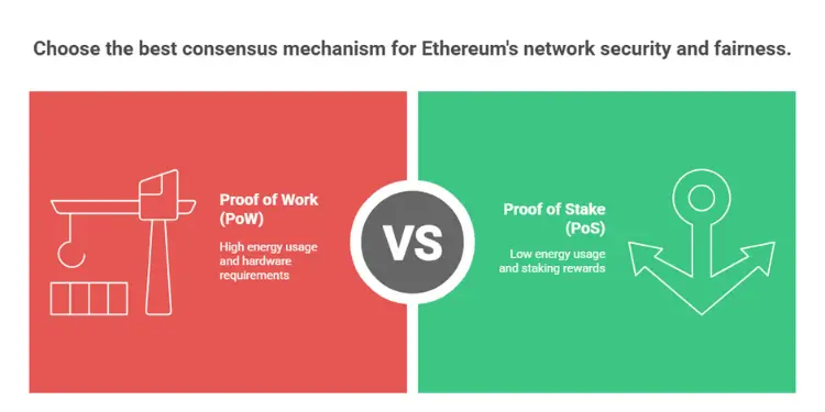 Graphic comparing blockchain and Ethereum with digital blocks and cryptocurrency icons