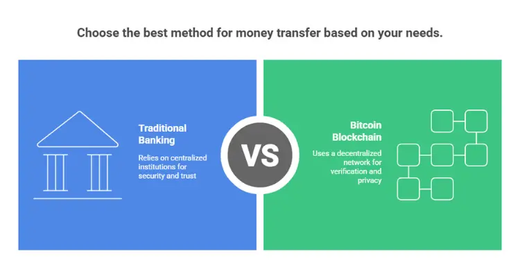 Infographic comparing traditional banking and Bitcoin blockchain for money transfer