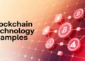 Graphic showing blockchain technology examples with connected Bitcoin icons