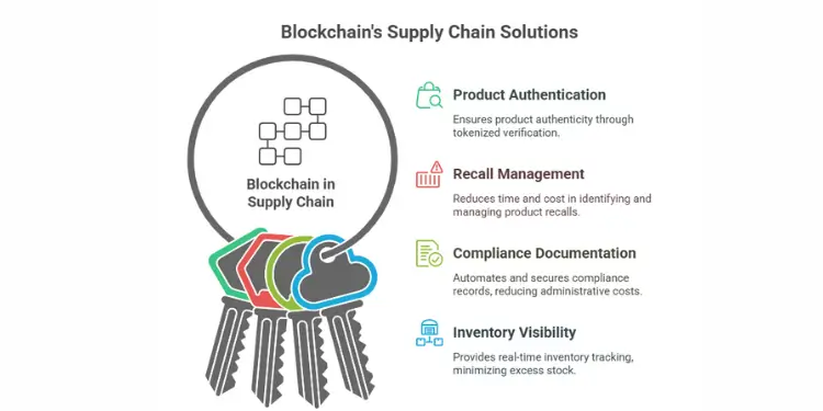 Infographic showing blockchain's supply chain solutions with key benefits