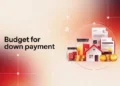 Budget for down payment with coins, house, documents, and savings jars illustration
