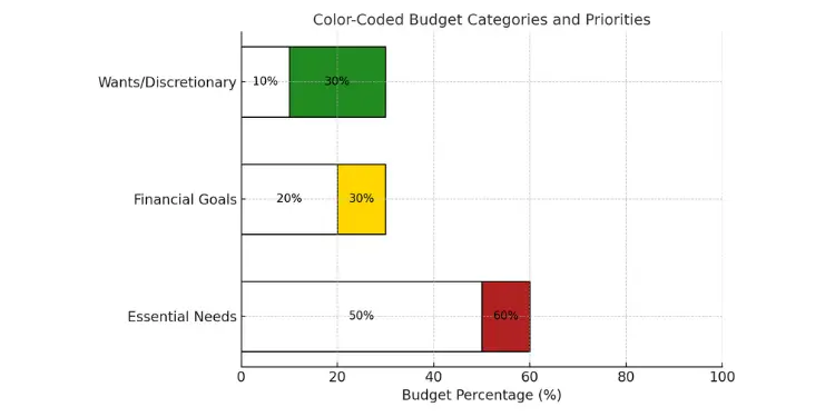 Bar chart of essential needs, goals, and wants with color-coded budget percentages