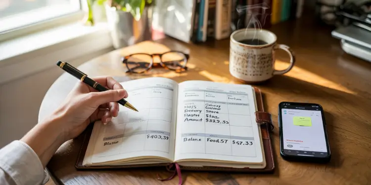 Hand records a daily ledger entry in an open planner next to phone and coffee