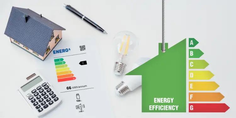 Energy efficiency rating with house model, calculator, and light bulb.