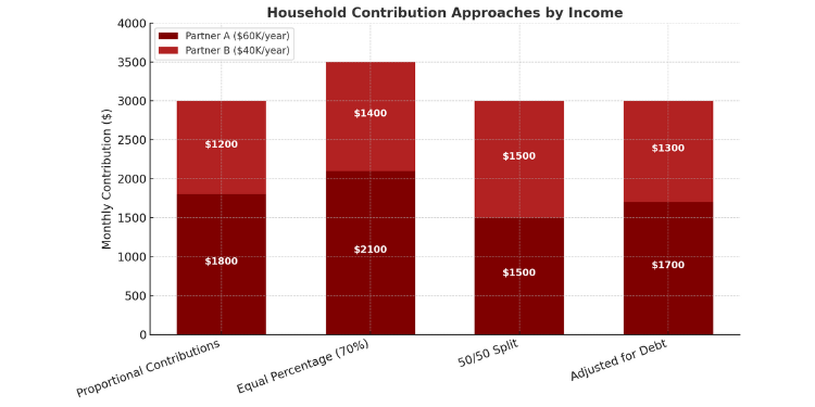 Bar chart of household contribution methods by income for two partners with different salaries.