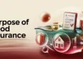 Purpose of flood insurance with house, shield, and document icons