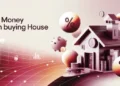 Save money when buying a house with piggy bank and percentage icons
