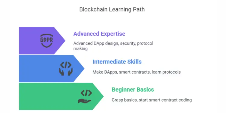 Infographic showing blockchain learning path from beginner basics to advanced expertise