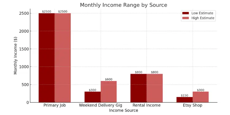 Bar chart showing low and high monthly income estimates for different job sources