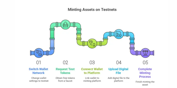 Infographic showing steps to mint assets on blockchain testnets