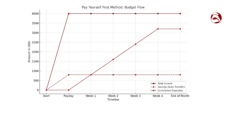 Line graph of income, savings, and spending across four weeks