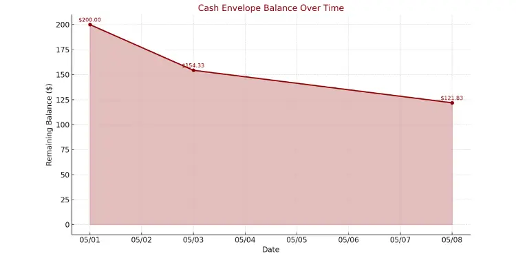 Cash envelope balance line graph showing decrease from May 1 to May 8