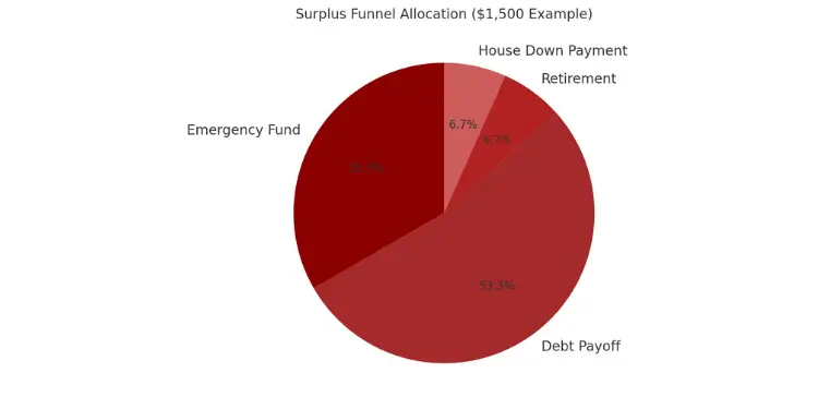 Pie chart showing $1,500 surplus allocation among four financial priorities